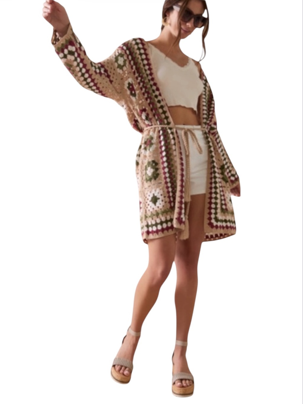 Francesca’s Sz L/XL “Tabby” Long Line Braided Tassel Tie Crochet Cardigan NWT